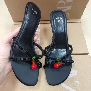 ZA Women's Shoes 2024 Summer New Product Fashionable High Heels Women's Shoes Beaded Cherry Pendant with Black Thin Heel and Open Toe Rear Space