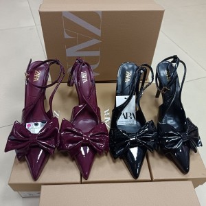 ZA2024 Autumn New Wine Red Bow Decoration High Heels Women's Pointed Hollow Back Mixed Strap Fine Heels Sandals