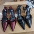 2024 Autumn New Women's Shoes Wine Red Lacquer Leather Pointed Shallow Mouth High Heels Muller Shoes One Button Thin Strap High Heels