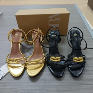 ZA women's shoes 2024 summer new product gold metal decoration fashionable temperament high heels sandals buckle strap thin heel open toe sandals