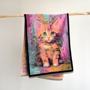 Colorful cartoon cat new oil painting scarf, women's imitation cashmere warm scarf, sweet and cute decoration, winter shawl