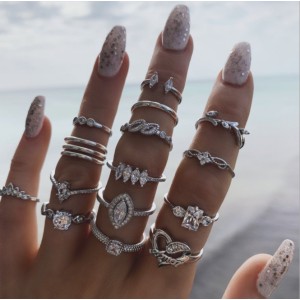 Yongge Cross border Foreign Trade Geometric Set Ring Wholesale Fashion OL Leaf Love Set Diamond 15 Piece Set Ring for Women