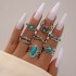 European and American cross-border popular jewelry retro ethnic style turquoise elephant geometric graphic 7-piece set silver ring set