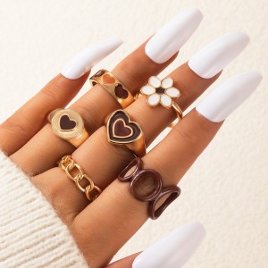 European and American Cross border Jewelry Brown Love Drop Oil Ring Six Piece Set Geometric Flower Ring Combination Set