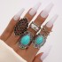 Cross border European and American new retro ethnic style inlaid turquoise carved feather ring set, fashionable and personalized ring for women