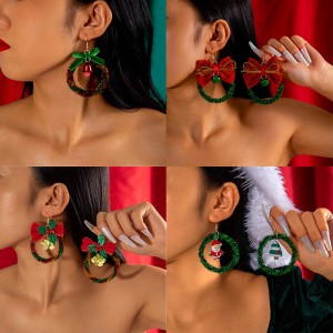 European and American Cross border New Christmas Tree Bow Colored Wreath Earrings Personalized Bell Christmas Series Earrings for Women