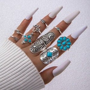 New turquoise opening 9-piece ring set, flower cactus triangle arrow tail ring, index finger joint ring