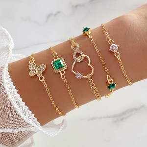 Cross border new European and American bracelet ins retro inlaid green diamond square bracelet inlaid diamond butterfly heart bracelet 4-piece set