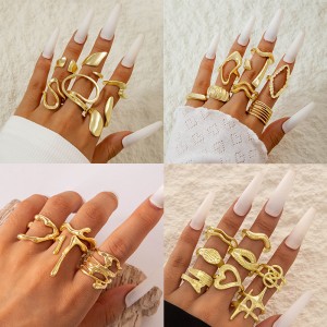 Amazon Cross border Fashion Irregular Geometric Hollow Ring Set Design Sense Peach Heart Butterfly Open Ring for Women