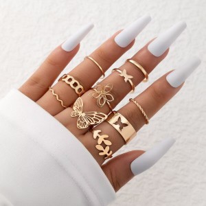 Europe and the United States cross-border new simple flower butterfly ring set geometric Fried Dough Twists leaves hollow ten piece ring set