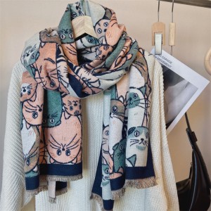 College style cartoon cat double-sided imitation cashmere thick warm scarf, versatile in winter, sweet and cute, high-end shawl