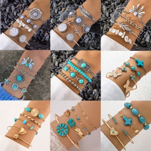 Cross border Bohemian ethnic style turquoise inlaid bracelet set with exaggerated personality butterfly turquoise bracelet multiple piece set