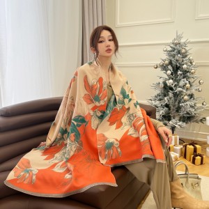 Autumn and winter magnolia flower fragrance imitation cashmere scarf, thickened Western style shawl, fresh, sweet, versatile, cold resistant and warm scarf