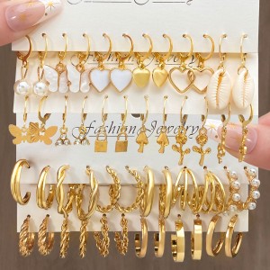 Cross border alloy heart pearl lock snake butterfly mushroom lock ear buckle creative personality card earrings 12 pieces batch