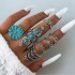 Cross border European and American new retro ethnic style inlaid turquoise carved feather ring set, fashionable and personalized ring for women