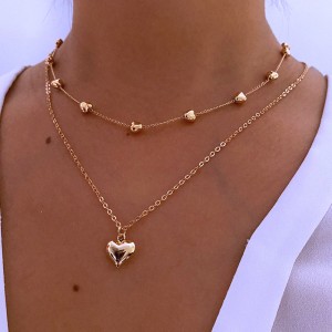 Cross border accessories from Europe and America, double-layer mixed color hip-hop collarbone chain, heart-shaped collarbone chain necklace, women's sweet and cool hip-hop necklace