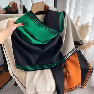 Korean version color blocked fashionable imitation cashmere scarf, women's dual-use air conditioning shawl, temperament scarf, thick and warm shawl, outer outfit