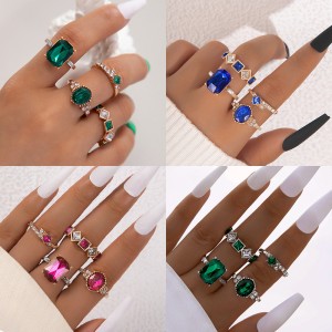 Amazon Cross border Light Luxury Jewelry Color Diamond Set Four Piece Ring Set Geometric Imitation Gemstone Set Ring Set