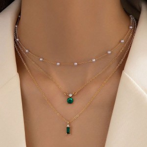 European and American cross-border sweater chain creative retro imitation grandmother blue-green pearl chain multi-layer necklace simple three-layer collarbone chain