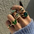 Cross border retro, personalized, fashionable metal imitation emerald, diamond studded heart-shaped snake shaped ring, multi piece set for women in Europe and America