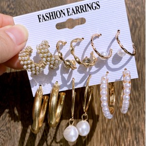 Cross border Pearl Inlaid Women's Card Earrings Creative French Retro Gold Earring Set 6-piece Set