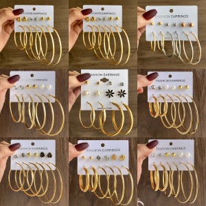 Fashionable commuting large circle earrings with heart-shaped earrings, simple geometric coils, metal card earrings set