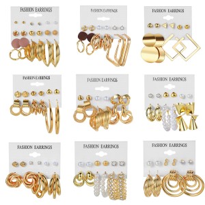 Euro American Cross border Alloy Earrings Square Geometric Earrings Set 6-piece Retro Pearl Card Earrings Earrings and Accessories