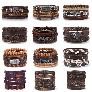 Retro Batman rope woven handmade bead woven bracelet jewelry fashionable multi-layer leather bracelet set for men