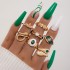 Cross border retro, personalized, fashionable metal imitation emerald, diamond studded heart-shaped snake shaped ring, multi piece set for women in Europe and America