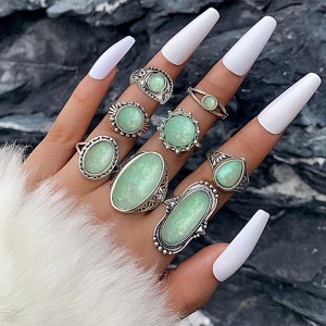 European and American Cross border Ring Set Retro Geometric Round Oval Imitation Opal Gemstone 8-Piece Set Ring Joint Ring