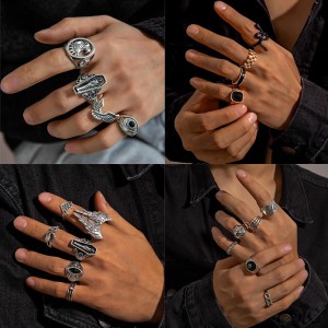 Cross border jewelry punk style geometric alloy men's ring retro personality skull snake ring set