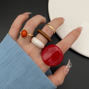 European and American cross-border creative resin wine red large dial ring set 5-piece set with inlaid gemstone ring wholesale