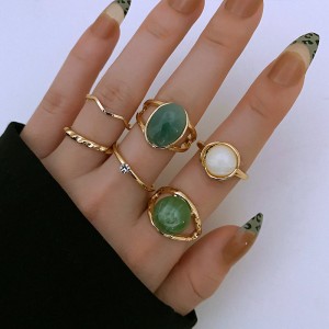 Cross border geometric imitation green jade joint ring 6-piece set, female design sense, niche, simple, diamond inlaid ring wholesale