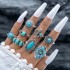 Cross border European and American new retro ethnic style inlaid turquoise carved feather ring set, fashionable and personalized ring for women