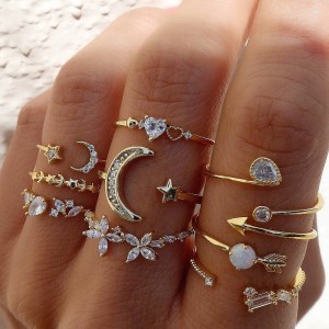 Cross border Star Moon Ring Set with Diamond, Love Tree Leaves, 10 Pieces, Women's Light Luxury, High Grade Alloy Joint Ring