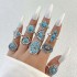 Cross border European and American new retro ethnic style inlaid turquoise carved feather ring set, fashionable and personalized ring for women