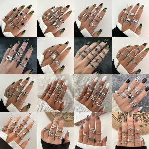 European and American Cross border Retro Vintage Butterfly Serpentine Ring Set Combination Open Multi Joint Ring Set 9-Piece Set