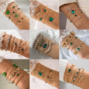 Cross border fashion niche diamond imitation grandmother emerald bracelet set, personalized snake shaped love bracelet set for women