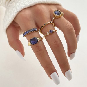 Cross border retro diamond inlaid sapphire blue crystal ring set with 5 pieces of creative and versatile oval rings from Europe and America