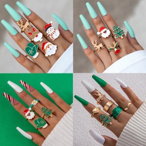 New Christmas Oil Drop Ring Set for Cross border Festivals in Europe and America, Four piece Elk Geometric Alloy Ring Set