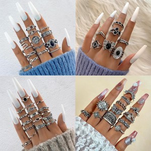 Cross border jewelry 15 piece set of personalized trendy hollow lotus sunflower geometric black gemstone set of rings