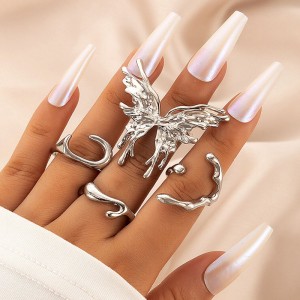 Amazon Foreign Trade Jewelry Creative Butterfly Geometry Heavy Metal Ring Personalized Irregular Four Piece Ring Set