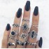 New European and American retro black gemstone inlaid nine piece ring set, geometric snake shaped crown leaf ring set