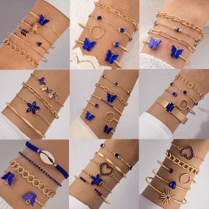 AliExpress Cross border Jewelry Blue Butterfly Inlaid Diamond Hollow Four Layer Bracelet Geometric Opening Four Piece Bracelet Set