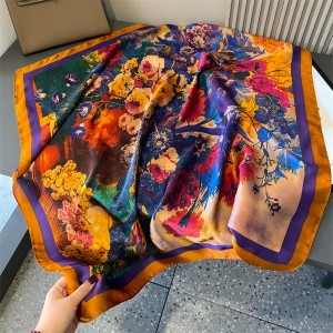 Silk scarf and square scarf with a high-end feel, 90cm small square scarf, professional scarf, simulated silk scarf, elegant printed scarf for women in spring and summer