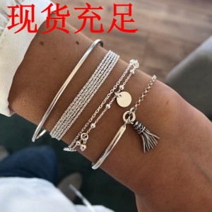 European and American minimalist silver smooth tassel bracelet, personalized multi-layer chain disc 4-piece set bracelet