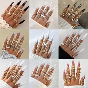 Cross border New Fashionable Versatile Leaf Love Ring Set Personalized Geometric Stacked Joint Ring Multi piece Set