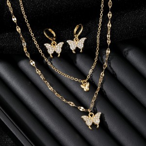 European and American fashion trend niche design micro inlaid zircon double-layer butterfly high-end necklace ear buckle jewelry 2-piece set