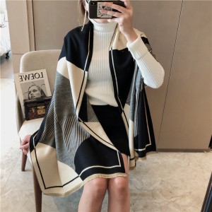 European and American autumn and winter new double-sided geometric imitation cashmere scarf for women with high-end feel, thick and warm, thick shawl scarf