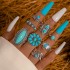 New turquoise opening 9-piece ring set, flower cactus triangle arrow tail ring, index finger joint ring